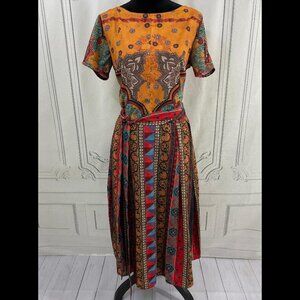 Eshakti A-line Midi Dress Ethnic Goldenrod Red Teal Print UNIQUE CUSTOM (10-12)